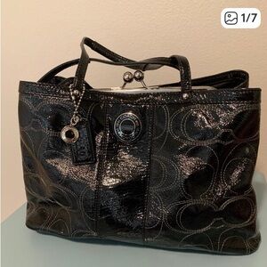 Black Patent Coach Designer Women's Handbag and Matching Long Wallet